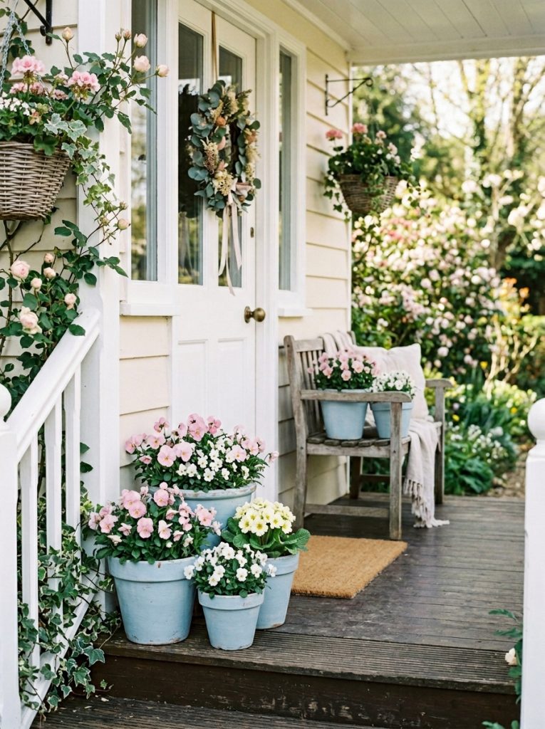 Pale blue flower pots with pastel pink pansies white violas and yellow primrose on porch