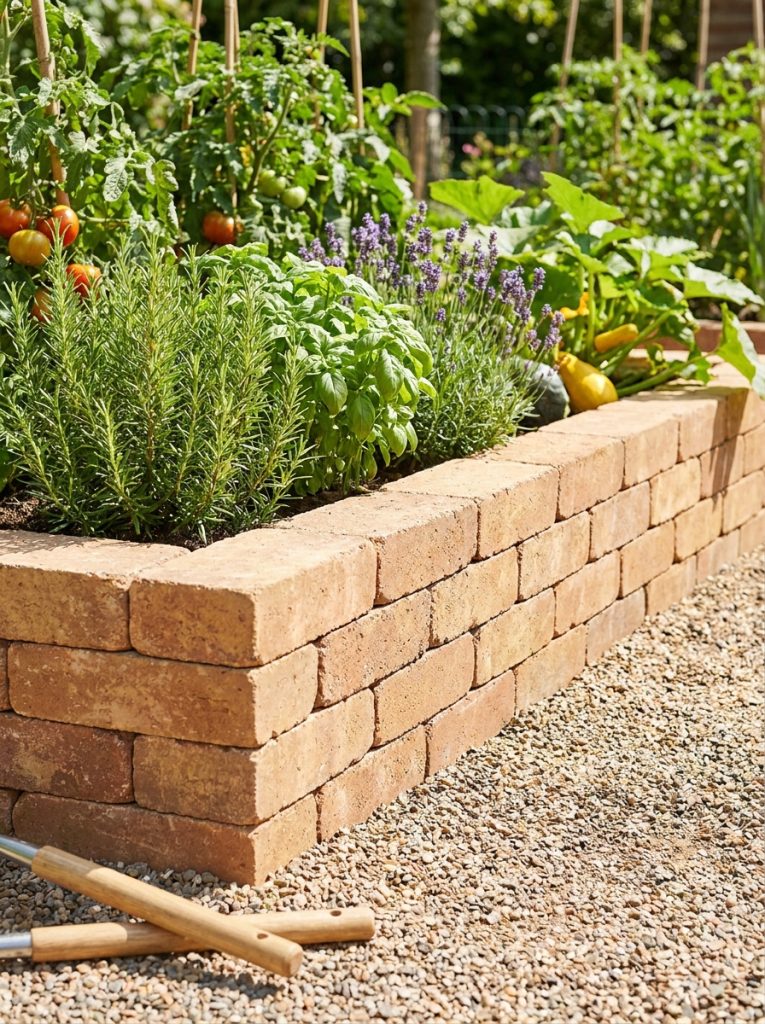 Stacked brick landscape edging three courses high in running bond pattern forming solid low wall with herbs and vegetables 