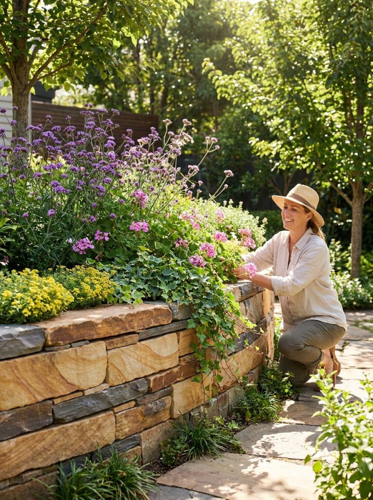 Beautiful stacked natural rock retaining wall with flat stones in horizontal layers holding raised garden bed with flowers