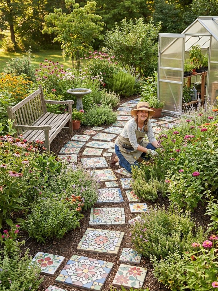 Beautifully designed stepping stone walkways DIY through garden with curved path through plantings connecting garden features