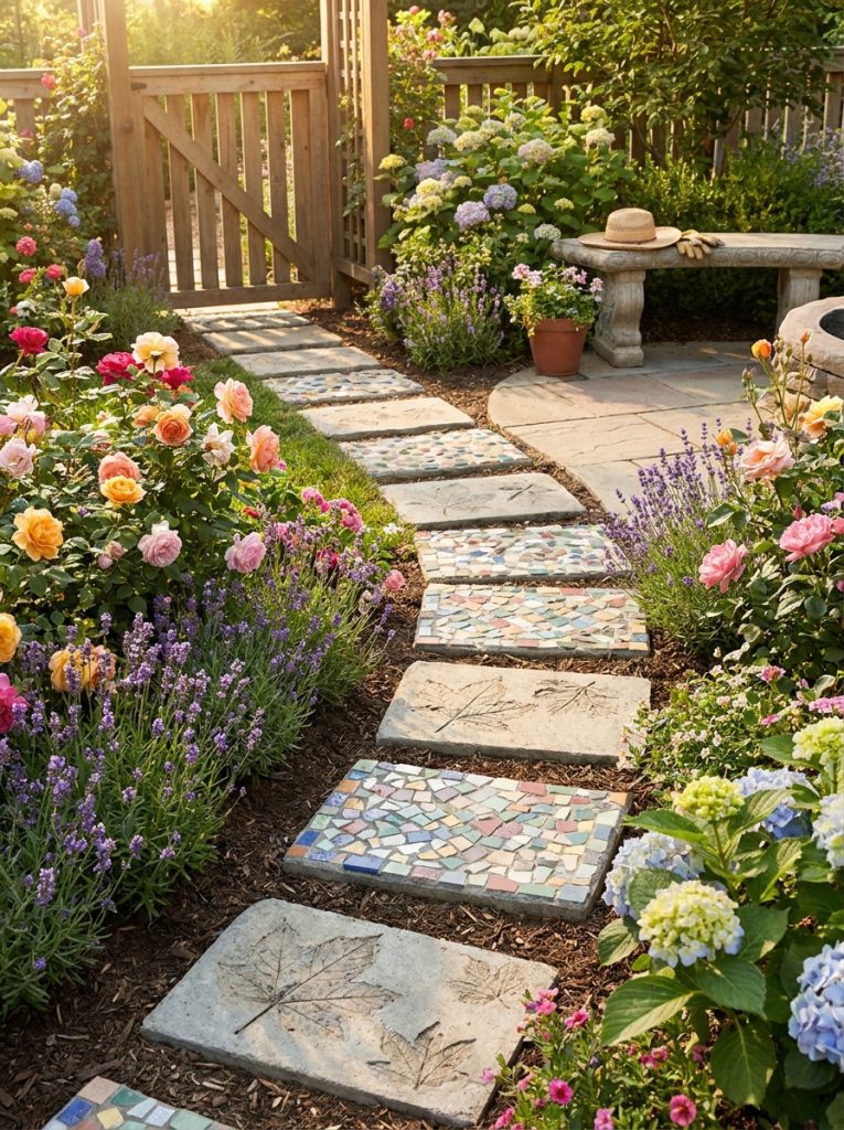Beautiful complete walkway pathway of DIY stepping stones at walking stride through beautifully planted garden connecting garden areas
