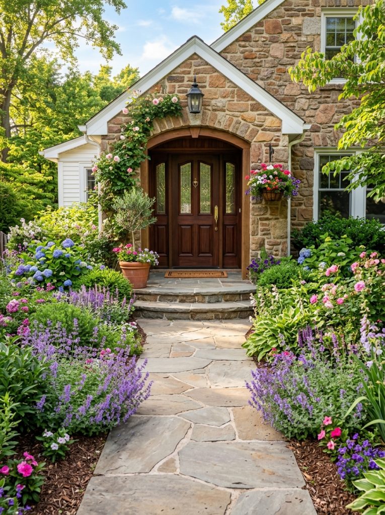  Beautiful stone entryway front walkway with natural flat stones and flowering plants on both sides in warm sunny setting 