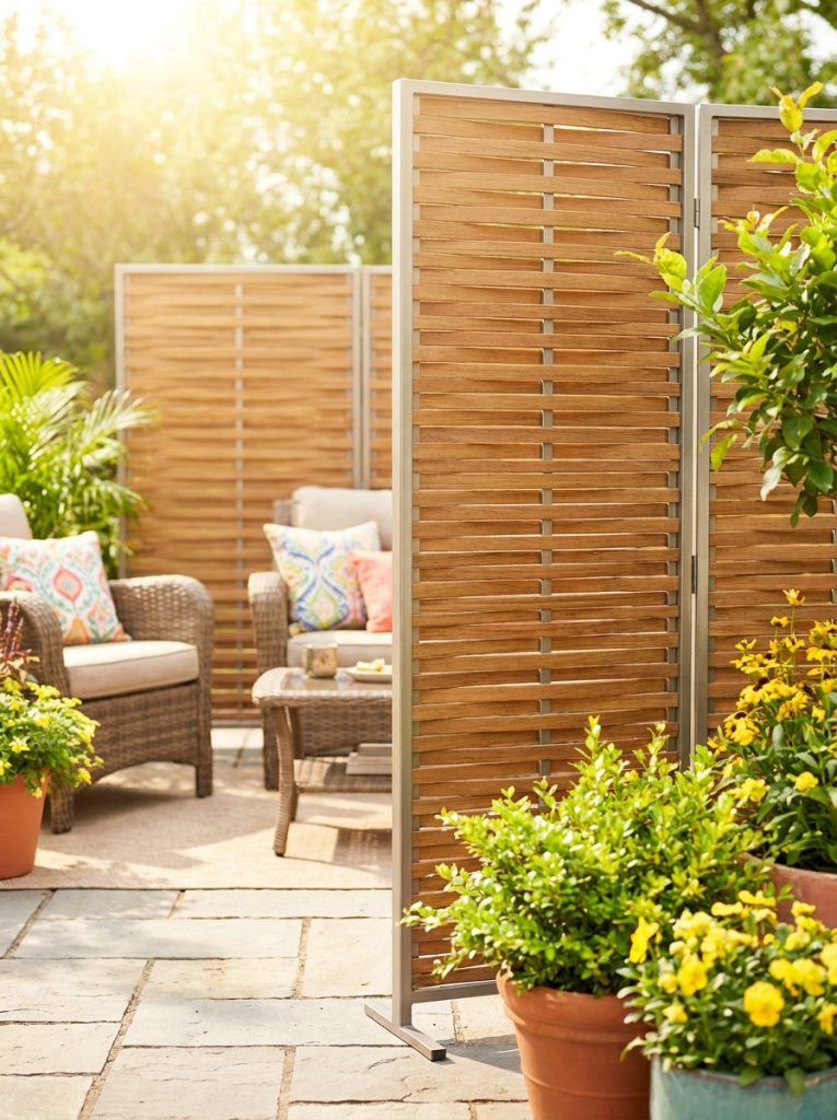 Stylish outdoor privacy screen on sunny patio creating private seating area with comfortable outdoor furniture 