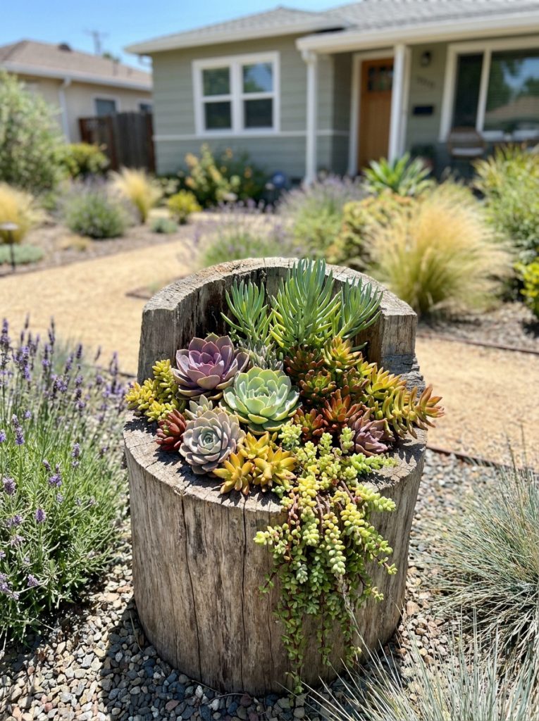 Beautiful tree stump planter filled with colorful succulent arrangement spilling over edges in sunny front yard Pin Title: Succulent Planter Tree Stump Ideas Outdoor Front Yard