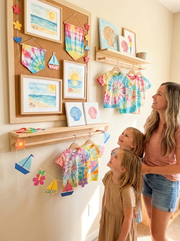 Beautiful summer craft project display gallery with watercolors tie dye canvas art and paper crafts in kids bedroom
