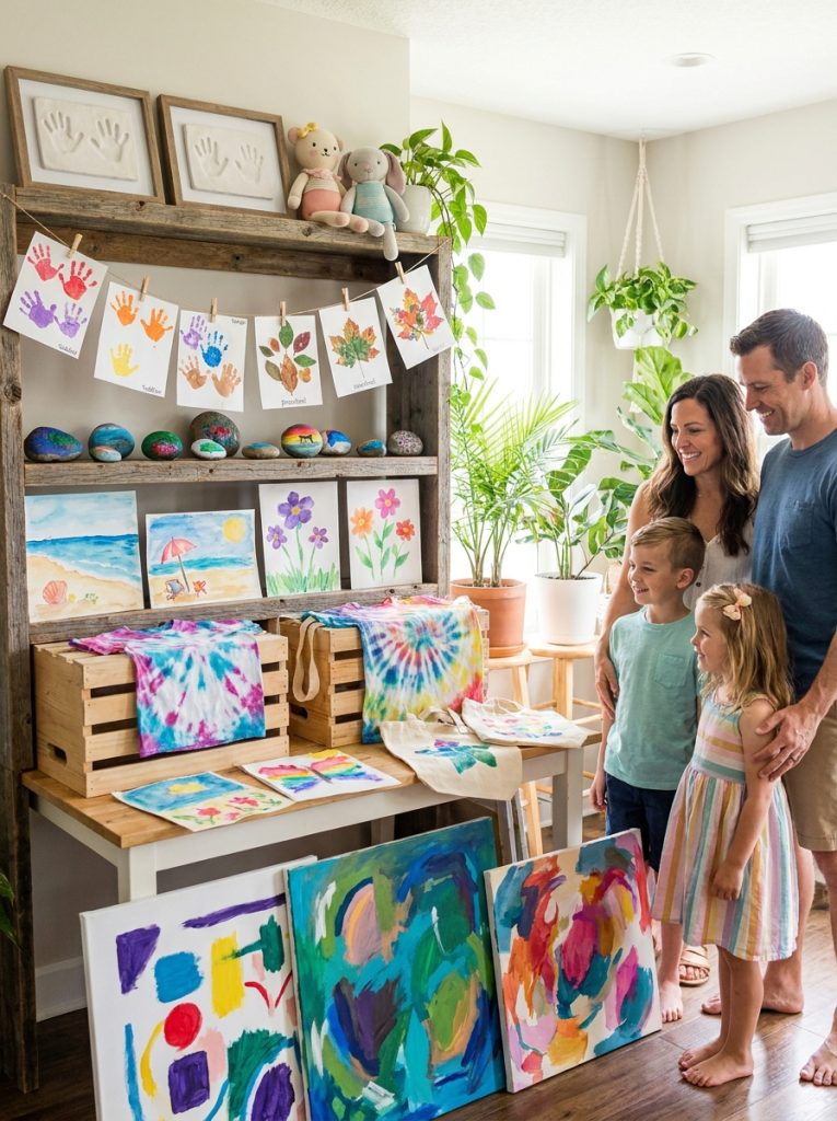 Complete family summer craft season display with baby keepsakes toddler paintings preschool art kids watercolors and teen tie dye