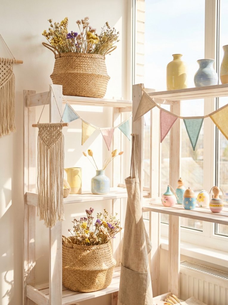 Beautiful aesthetic summer crafts displayed together in soft pastel tones and natural materials as curated summer craft gallery 