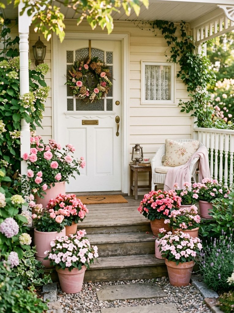 Pink flower pots with roses begonias and impatiens on romantic summer front porch