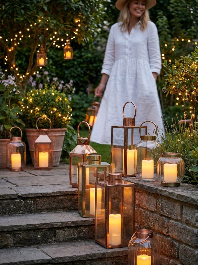 Beautiful outdoor summer lantern display with various glass and metal lanterns on garden steps glowing warmly