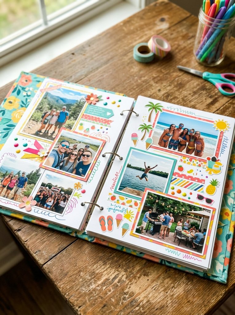 Beautiful summer scrapbook with beach photos outdoor adventures summer friendships barbecue memories in bright cheerful summer elements 