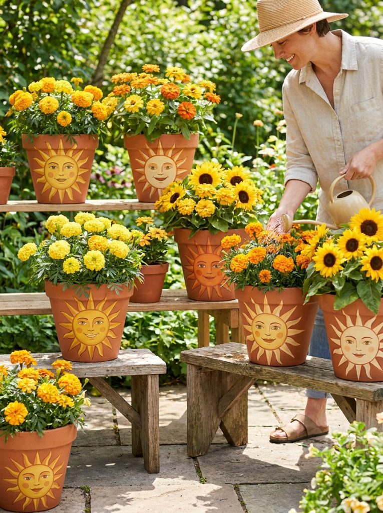 Beautiful sun face flower pot DIY planters with smiling sun designs golden yellow orange radiating rays and bright yellow flowers as hair