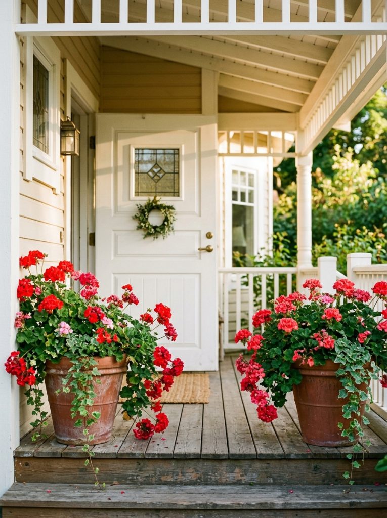 Large terracotta pots overflowing with red pink geraniums on sunny front porch