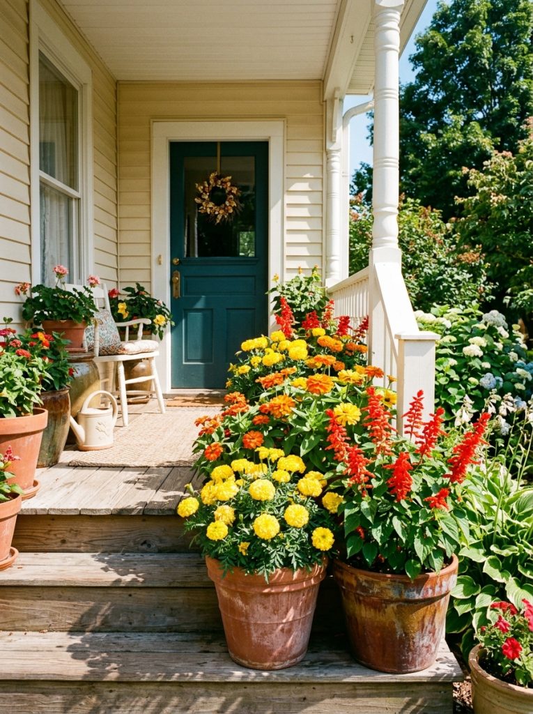 Large front porch pots with full sun marigolds zinnias and salvia in blazing sunlight