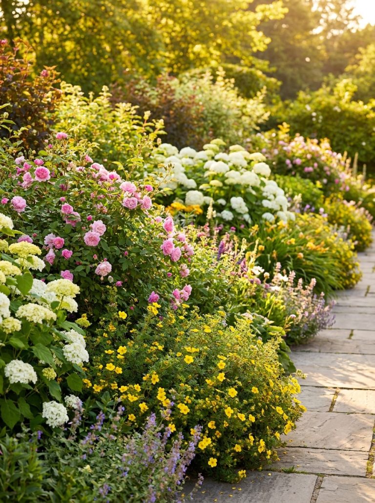 Beautiful sunny garden border filled with colorful pink white and yellow flowering shrubs in full sun summer garden