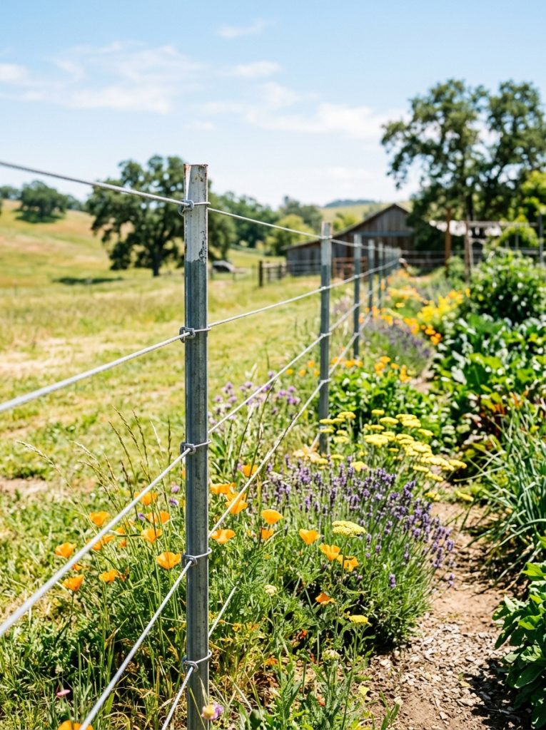 Simple T-post fence with metal posts and wire strands along garden farm boundary with native plants in sunny setting