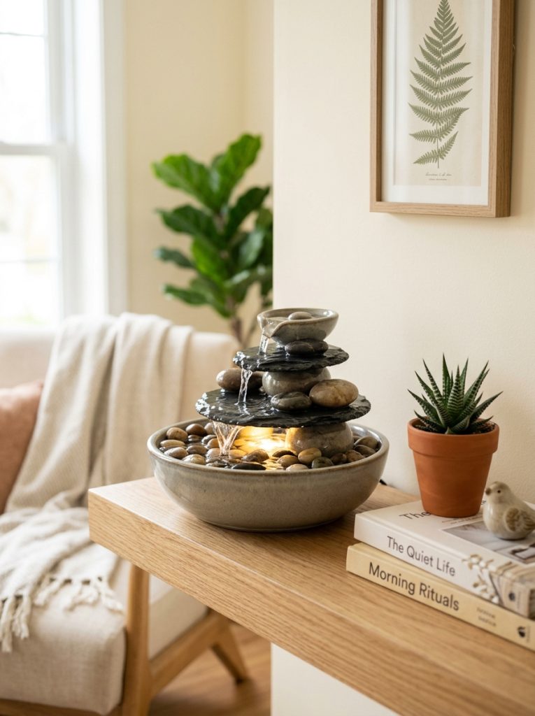 Beautiful small tabletop water fountain on indoor shelf desk or side table as calming water feature in beautifully styled room