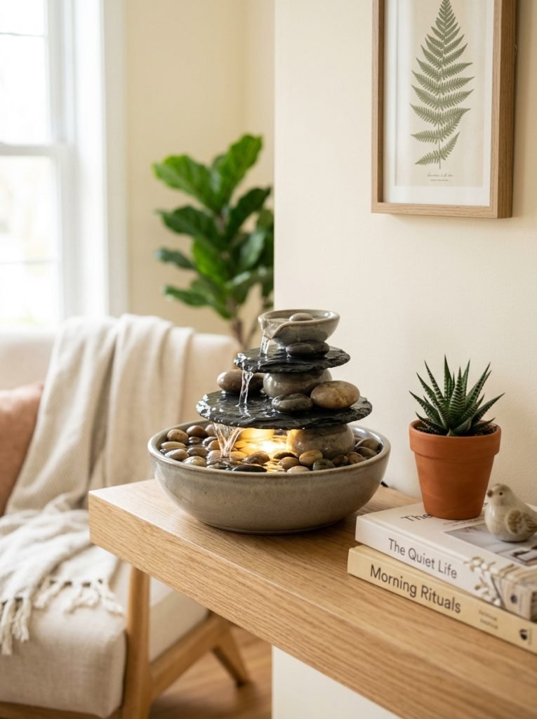 Beautiful small tabletop water fountain on indoor shelf desk or side table as calming water feature in beautifully styled room