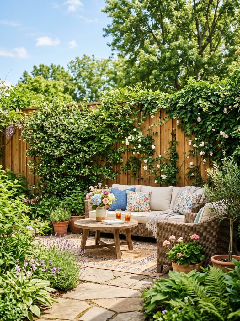 Beautiful tall privacy fence with solid panels and climbing plants creating complete private outdoor space in sunny backyard