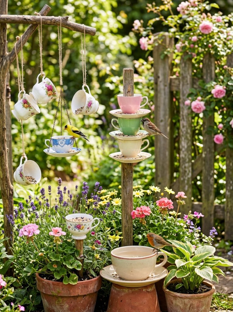  Complete tea cup bird feeder DIY garden display with hanging feeders pot arrangement bird bath and stacked vintage feeder with birds visiting 