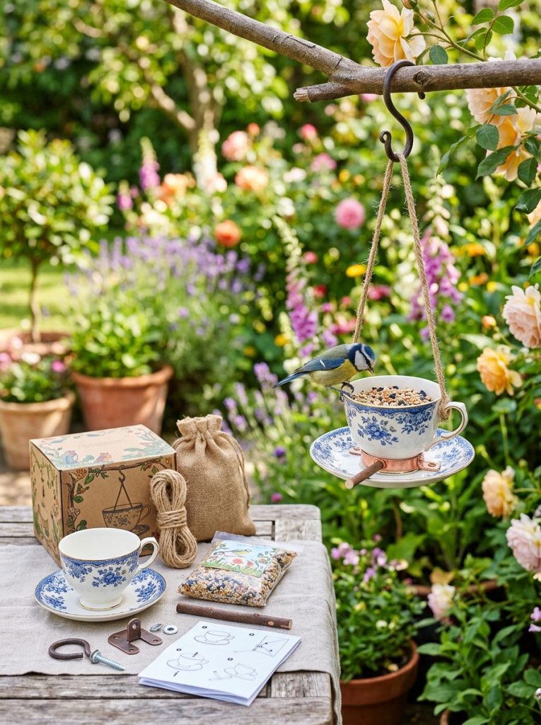Complete tea cup bird feeder kit with all components alongside beautifully assembled finished feeder ready for garden installation 