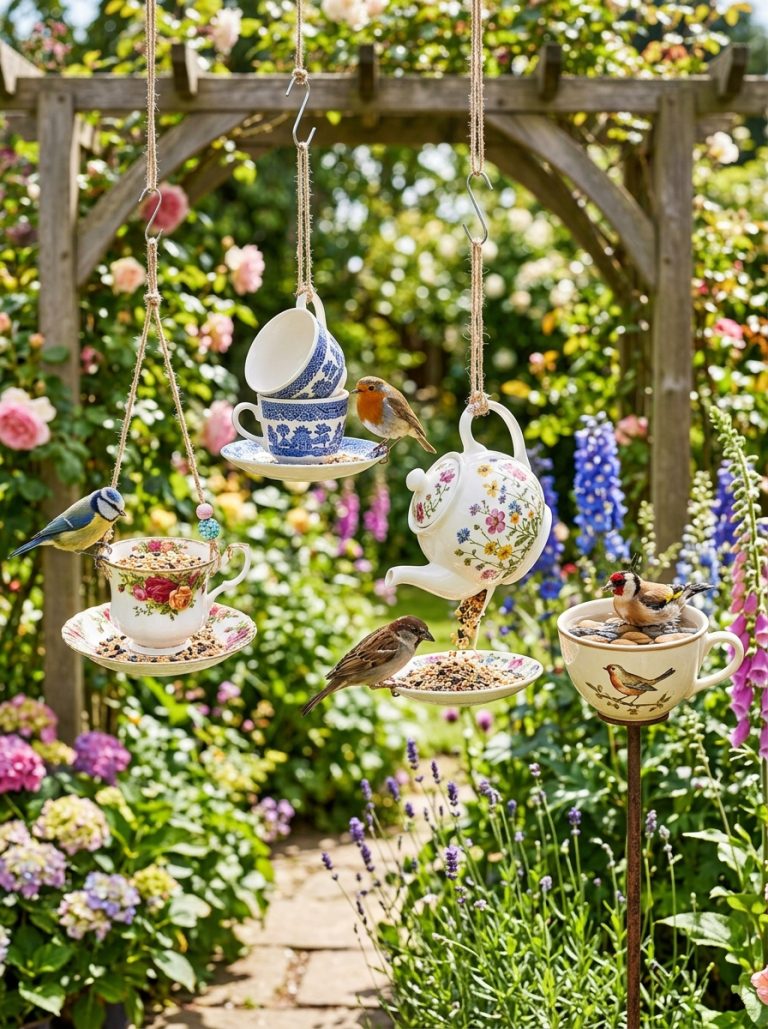 Beautiful tea cup bird feeder DIY display with vintage floral stacked saucer pot and bird bath versions with birds visiting in garden