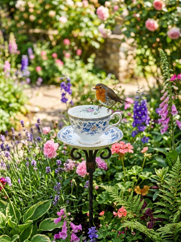 Beautiful tea cup bird bath DIY with decorative teacup filled with fresh water as bird bath with bird bathing surrounded by garden plants 