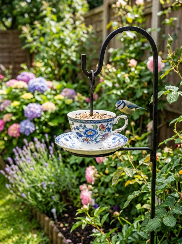 Beautifully sealed weatherproof tea cup bird feeder displaying clear protected finish through outdoor conditions remaining vibran