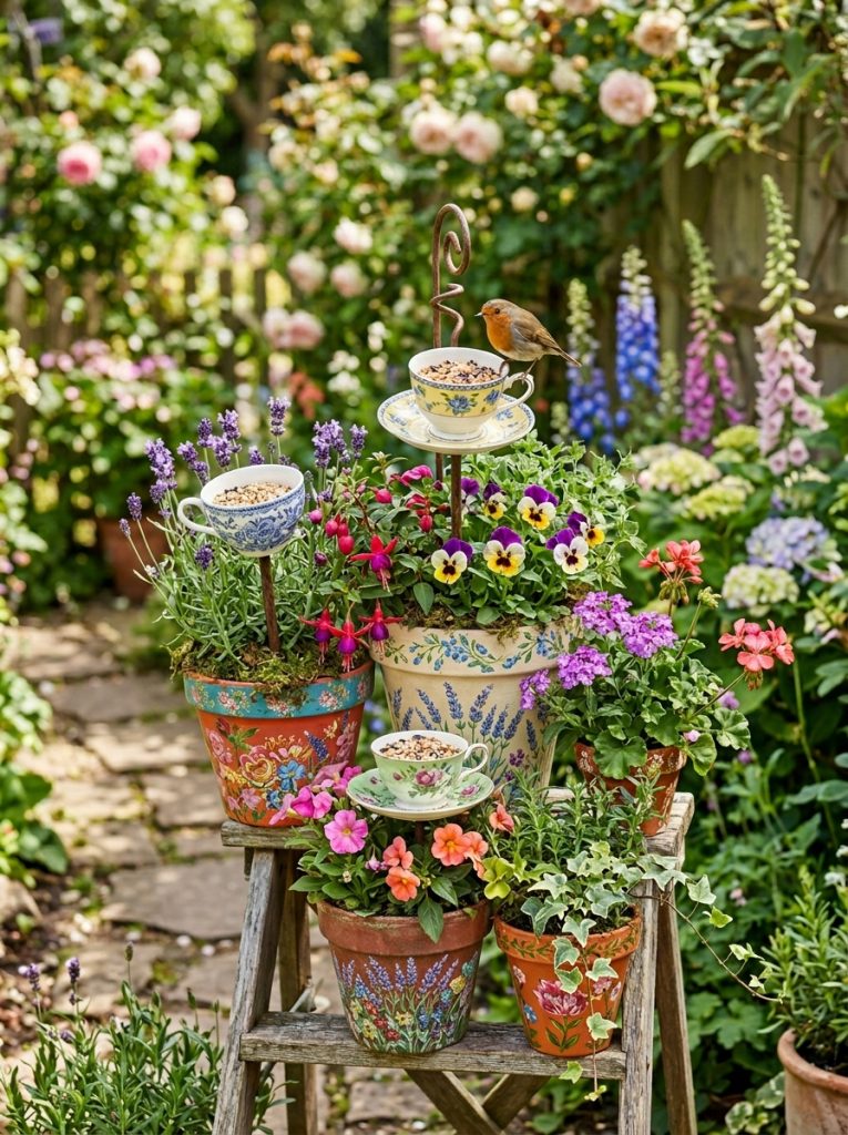 Creative tea cup bird feeder pot garden with teacup feeders mounted on decorated pots and combined with garden plantings 