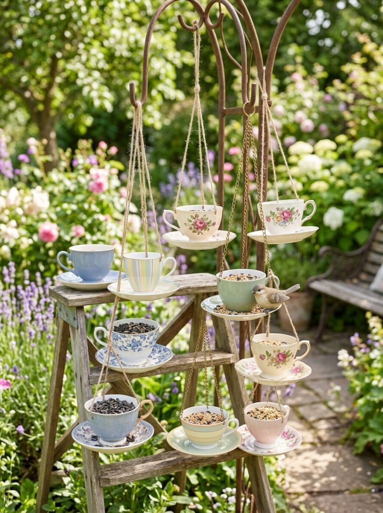  Beautiful tea cup bird feeder DIY set display with multiple matching coordinating teacups as cohesive feeder garden arrangement