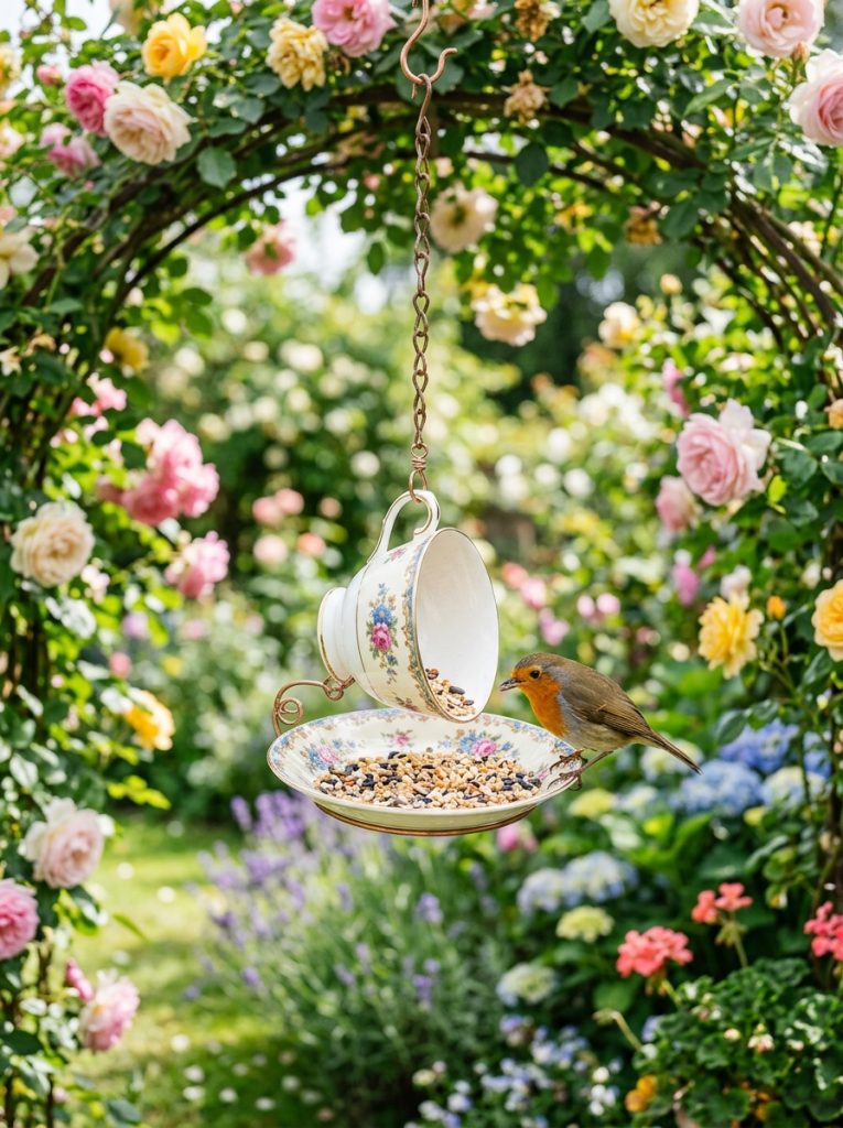  Beautiful vintage teacup saucer stacked bird feeder with floral saucer as seed tray and tilted cup above with bird perched on edge 