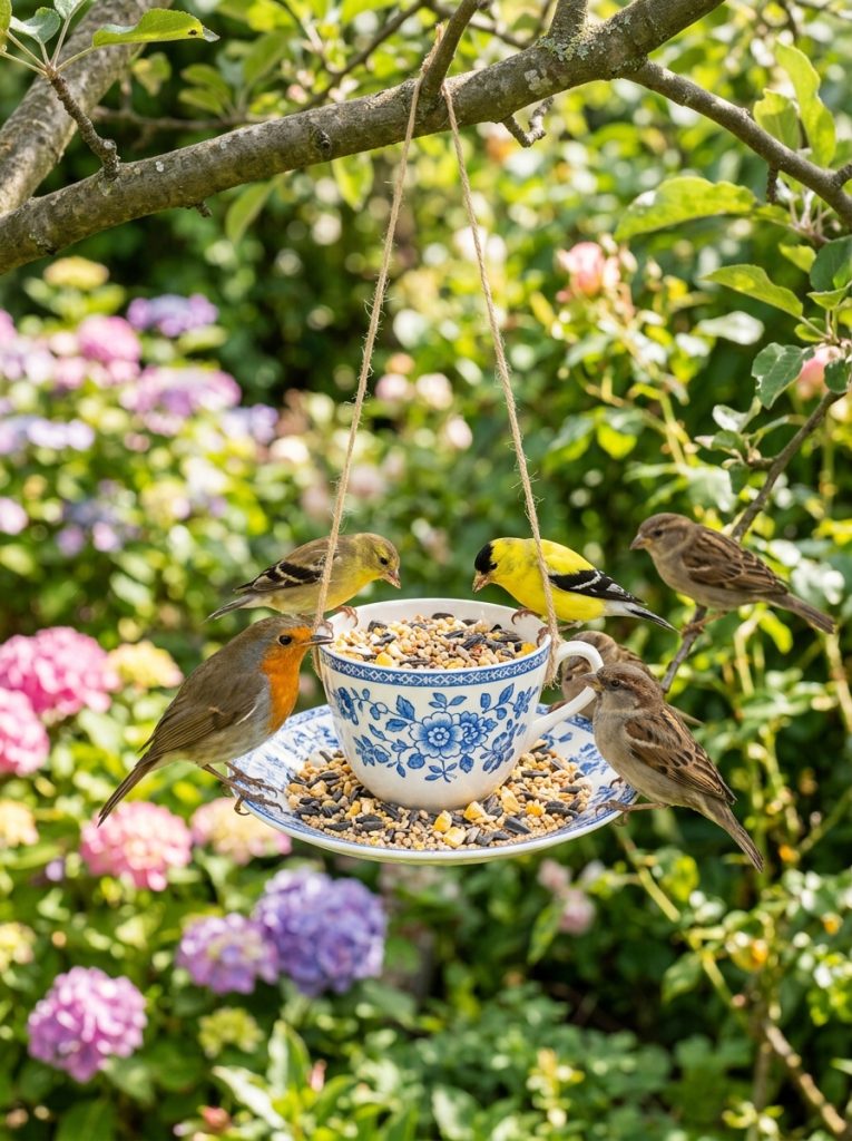  Beautiful tea cup bird feeder filled with colorful bird seed mix with robins sparrows and finches perched feeding contentedly 