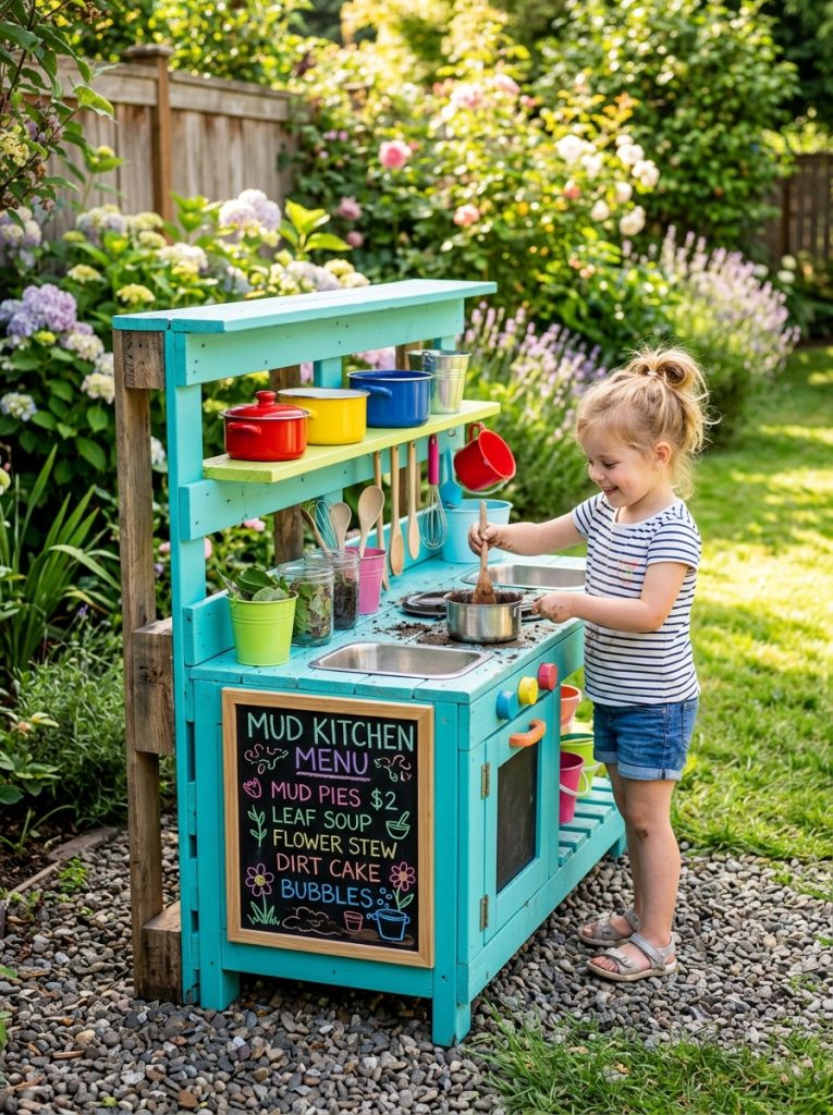 Bright teal painted pallet mud kitchen with chalkboard menu panel and colorful pots