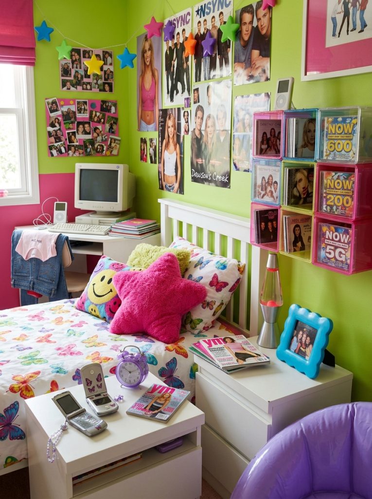 Beautiful 2000s Y2K teen bedroom with flip phone decorations CD displays lime green hot pink chunky stars and authentic 2000s elements