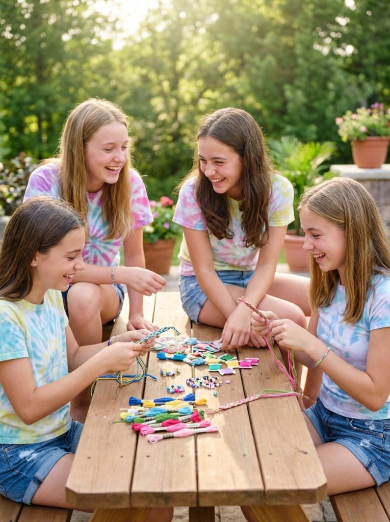 Teenagers making friendship bracelets together as fun summer craft braiding colorful thread laughing and chatting