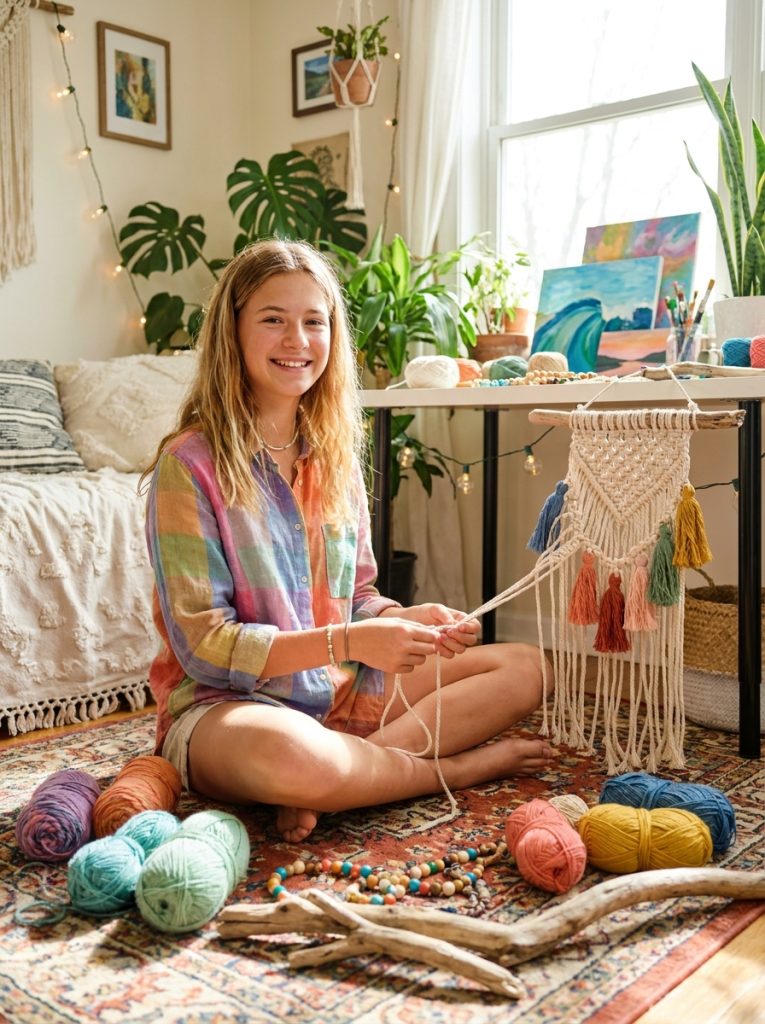 Teenager making summer room decor crafts including colorful wall art and DIY decoration projects for bedroom