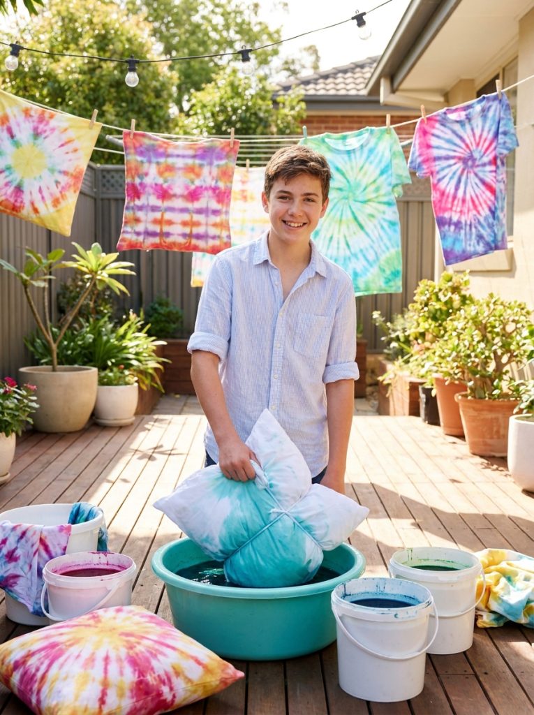 Teenager tie-dyeing pillow cases and cushion covers in bright summer colors as creative teen bedroom refresh project Pin