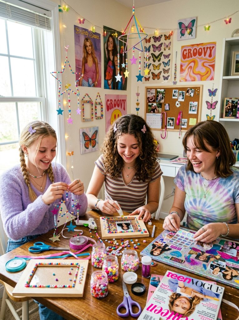 Creative Y2K DIY room decor crafts made by teens with beaded frames butterfly wall hangings star mobiles and holographic collage boards