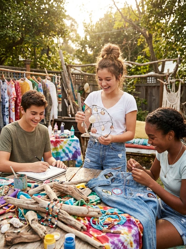 Teenagers doing creative DIY summer crafts designing and making original projects from own imagination with mixed materials