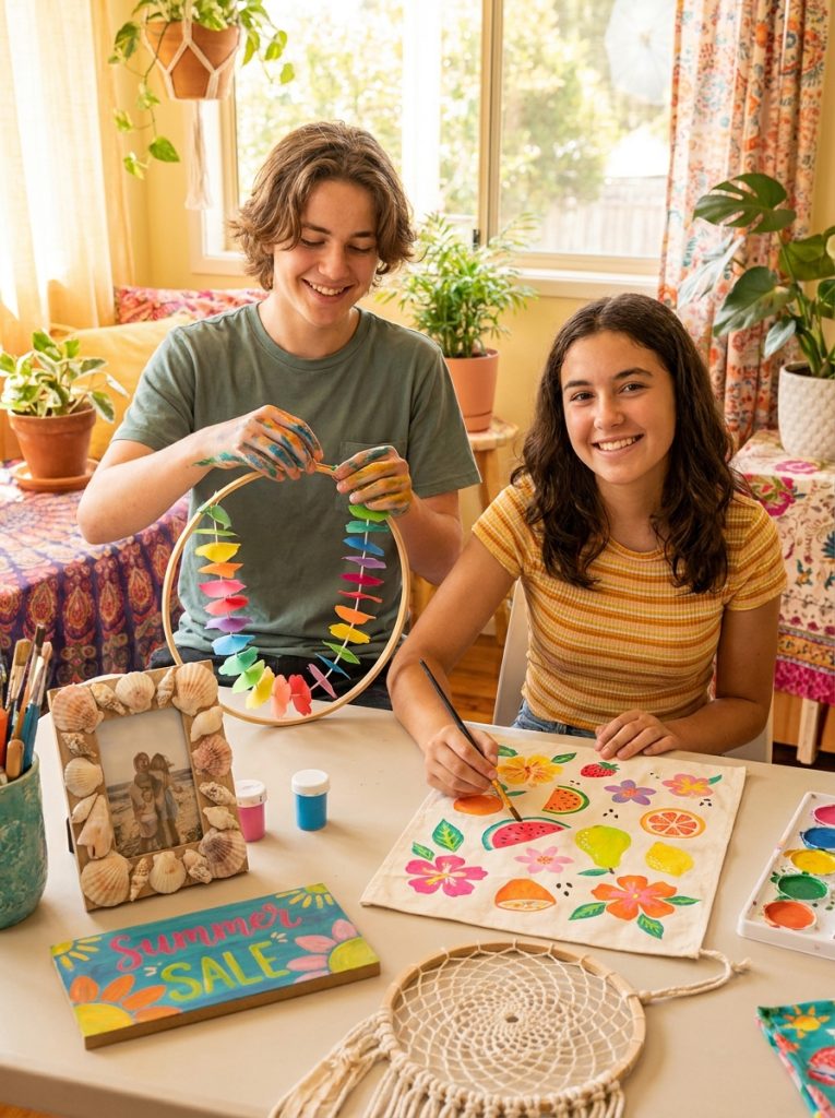 Teenager making summer room decor crafts creating colorful wall art DIY decorations and handmade bedroom accessories
