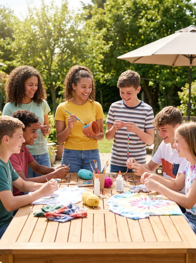 Group of teens doing fun summer crafts together at outdoor table laughing and creating with multiple projects simultaneously
