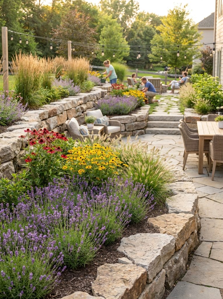 Beautifully transformed sloped backyard with terraced natural rock retaining walls creating multiple planted levels