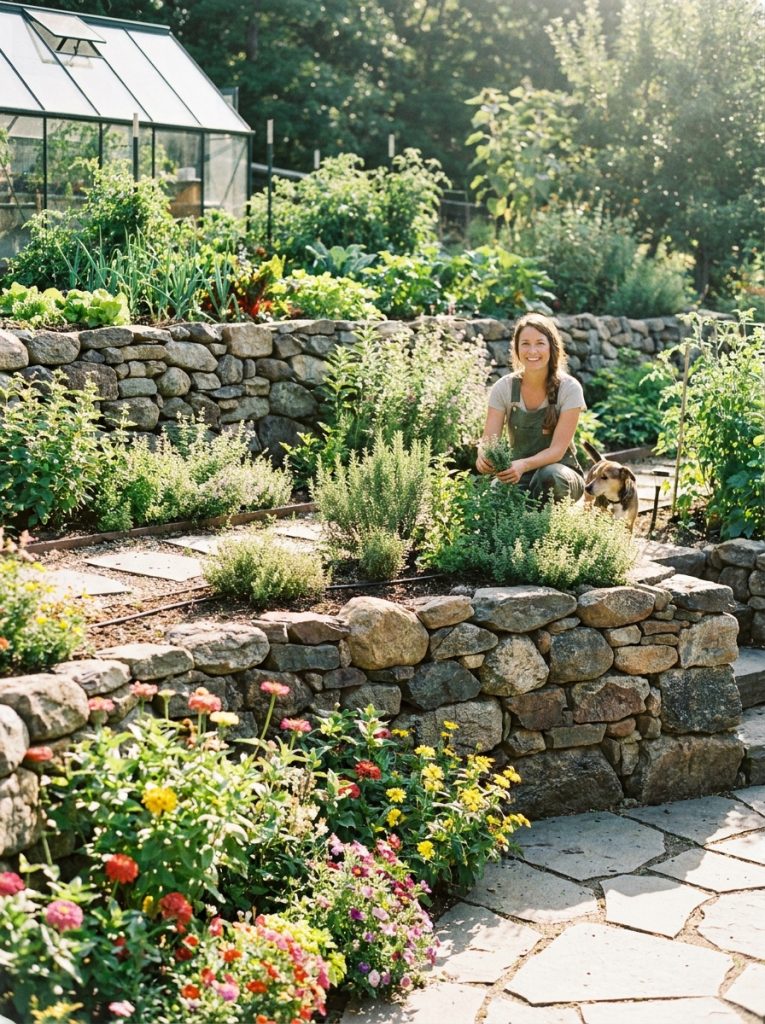 Beautifully terraced garden with three natural rock retaining wall levels planted with vegetables herbs and flowers