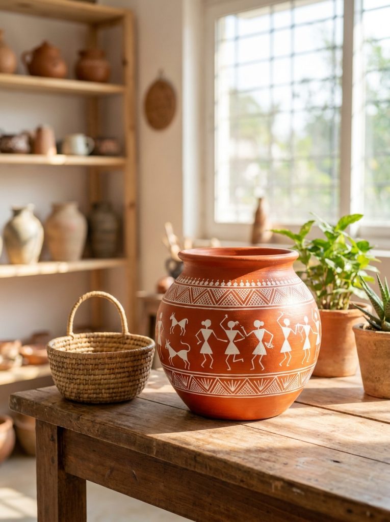 Stunning terracotta pot with white warli art stick figures on earthy terracotta background Indian folk style