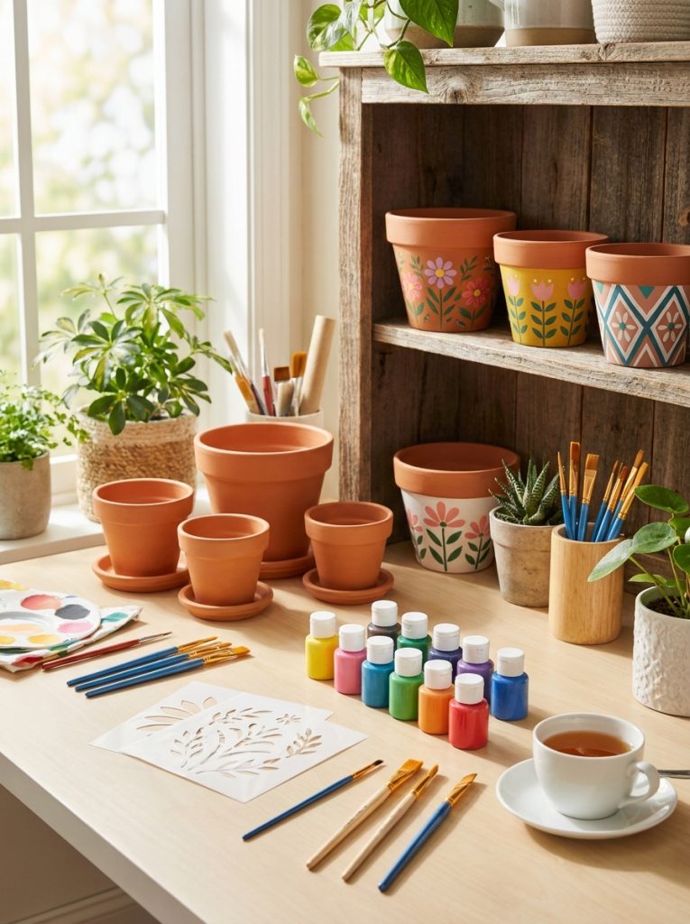 Complete terracotta pot painting kit with paints brushes stencils and pots arranged on craft table