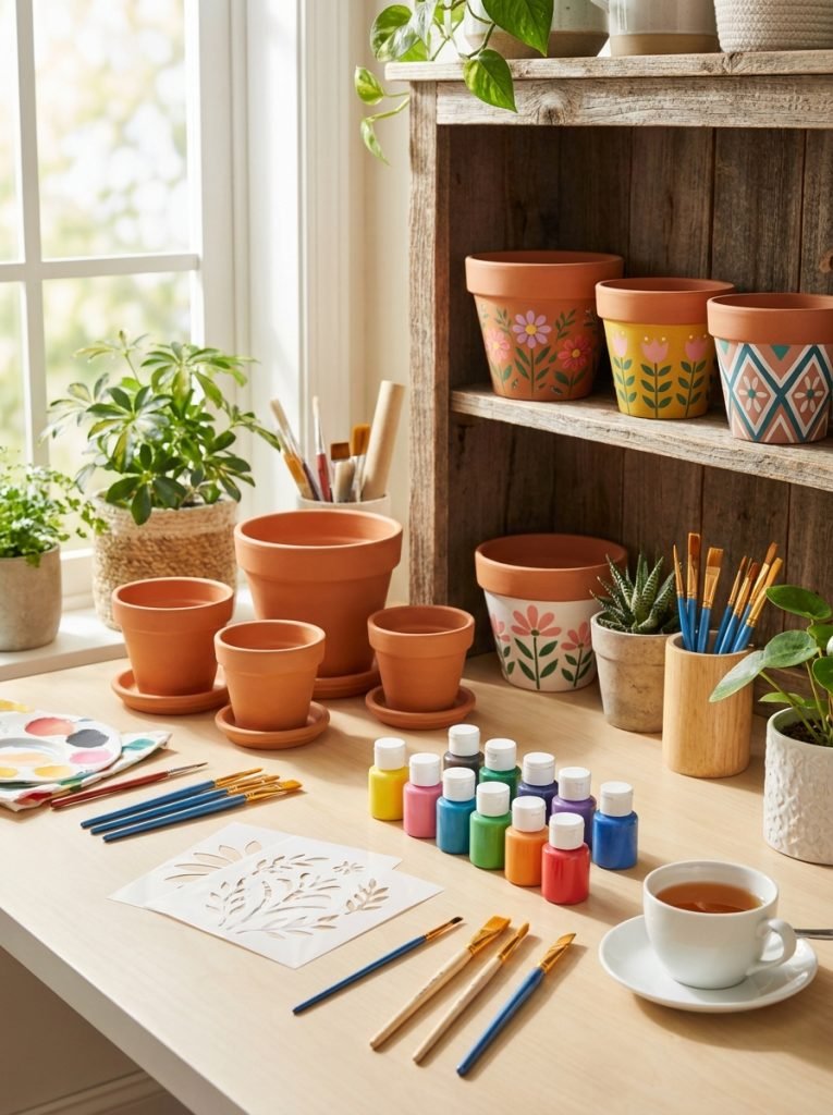 Complete terracotta pot painting kit with paints brushes stencils and pots arranged on craft table