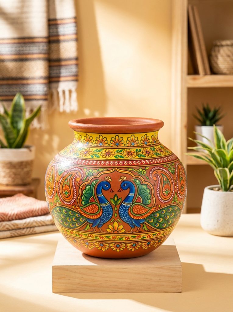 Terracotta pot painted in vibrant Indian folk art style with peacock motifs and paisley patterns