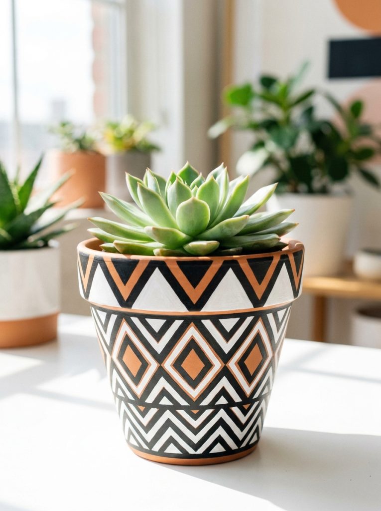 Terracotta pot with bold geometric black and white triangle and zigzag patterns with succulent inside