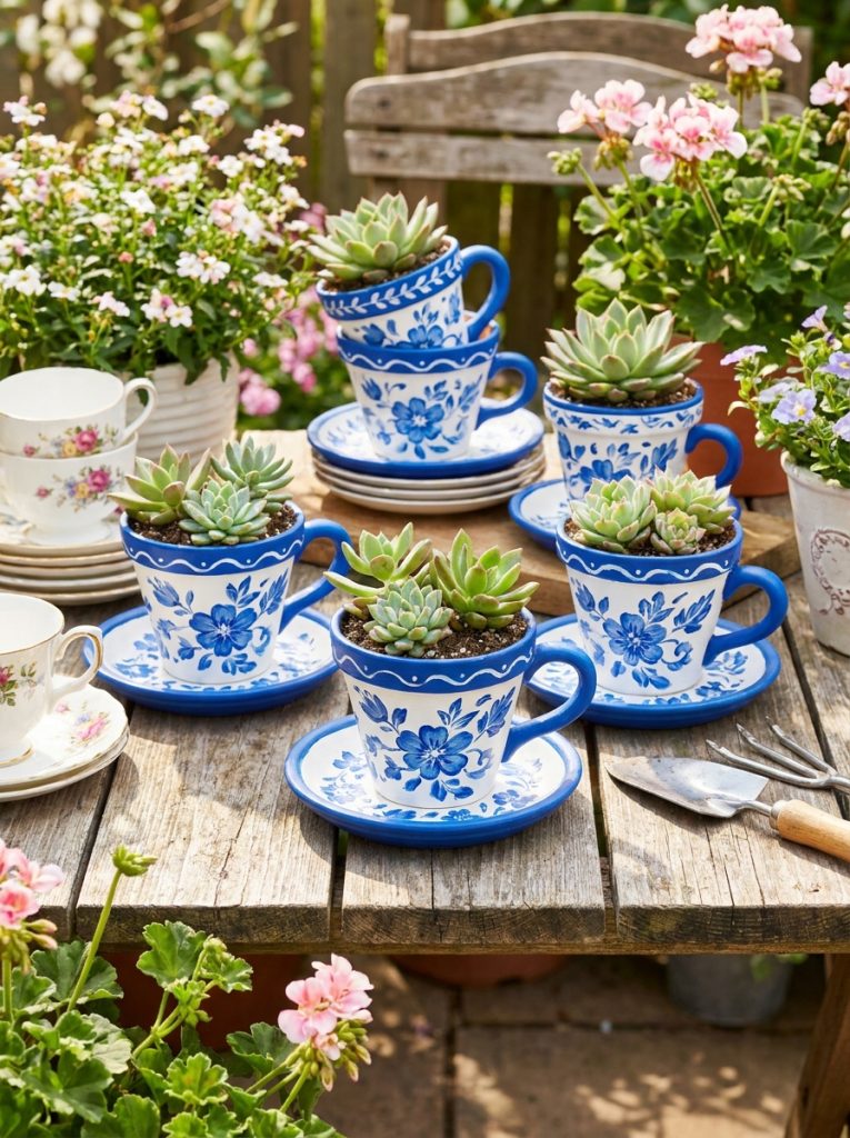 Charming terracotta pots painted to look like teacups with blue and white chinaware patterns and succulents