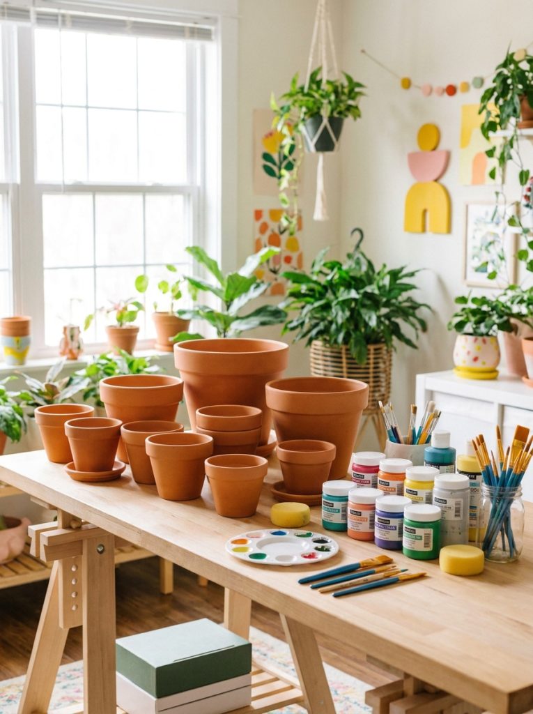 Set of plain terracotta pots in different sizes arranged on bright craft table ready for painting 