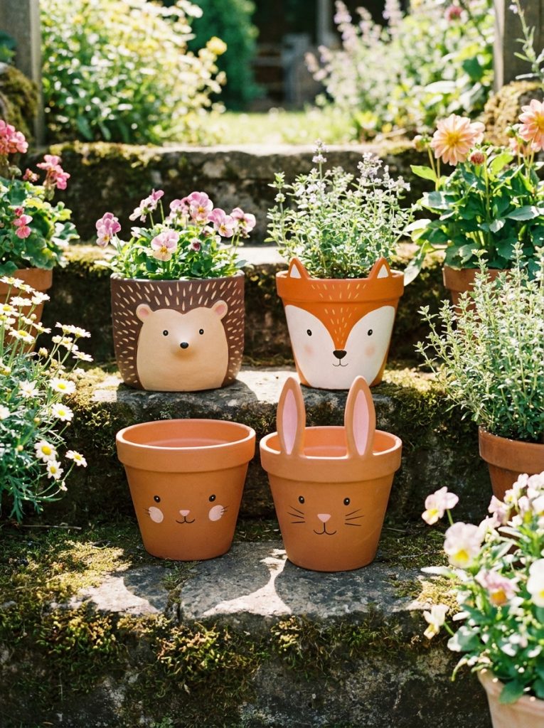 Adorable terracotta pots painted as cute hedgehog fox and bunny animal faces on garden steps 